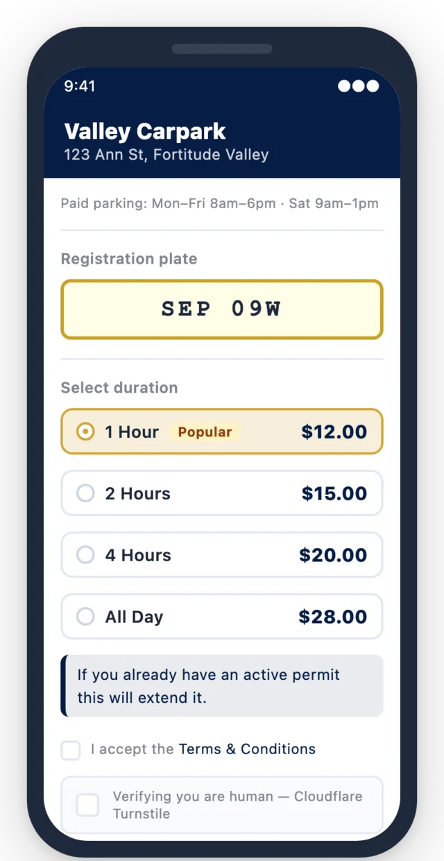 Mobile app screen: choosing parking duration and price