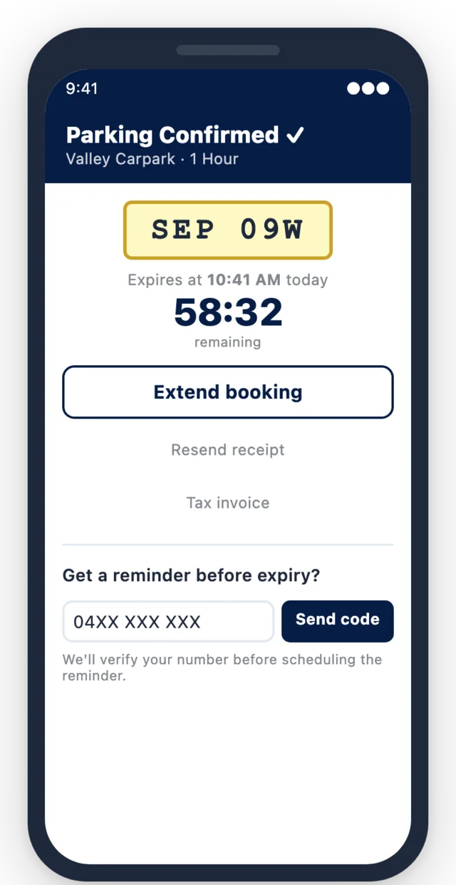Mobile app screen: a booking confirmed with a live countdown
