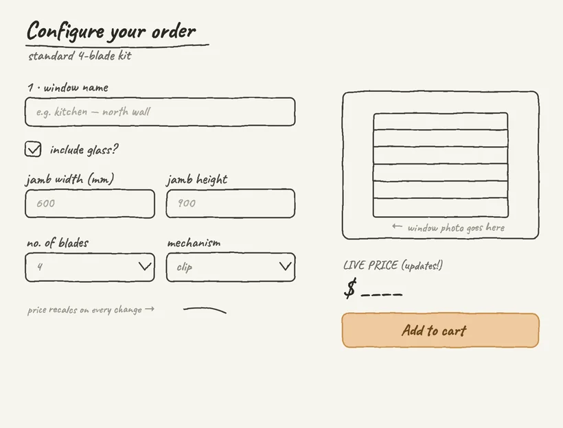 A hand-drawn sketch of a product configurator screen